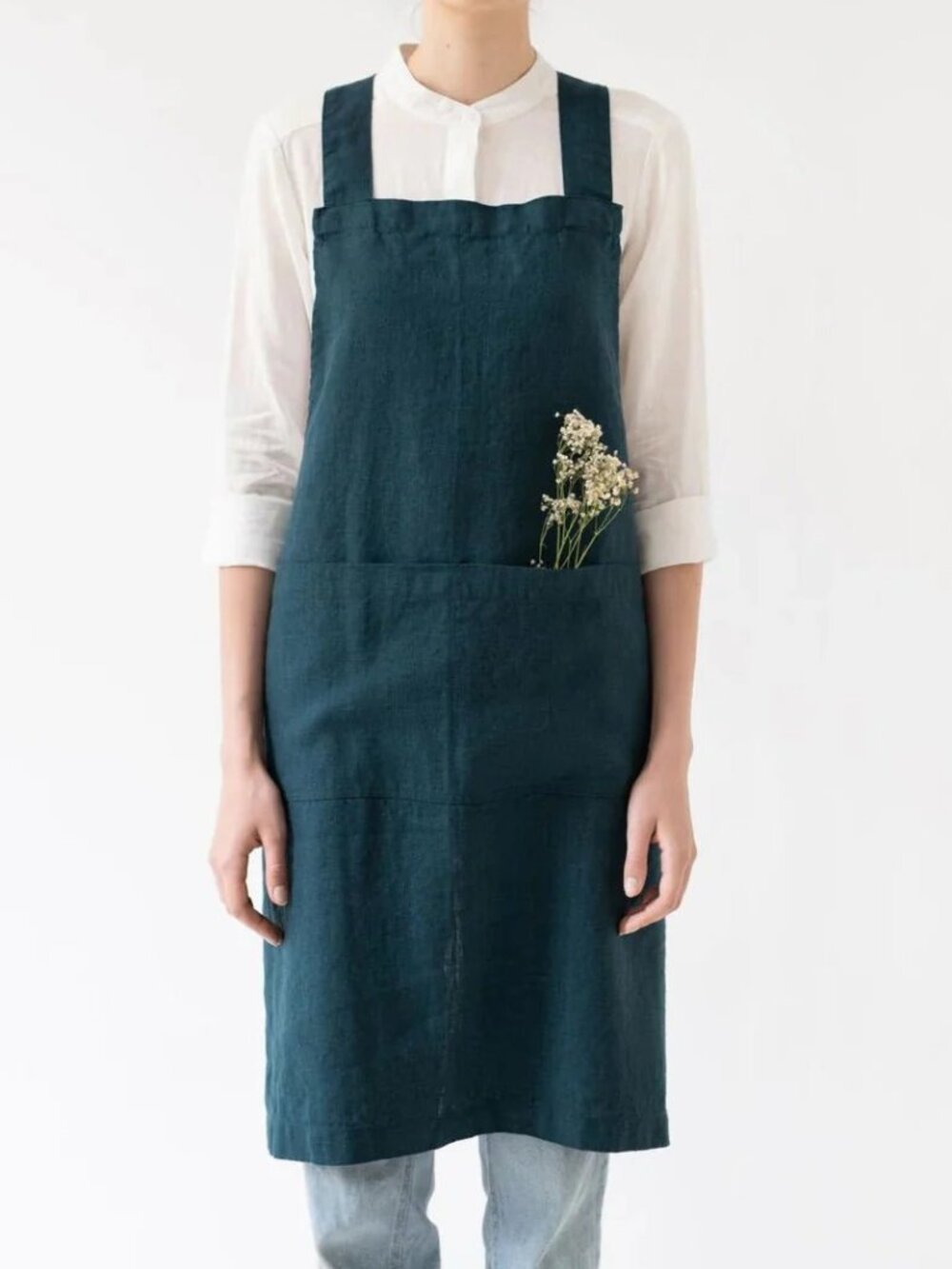 New Linen Tales Deep Water 100% Linen Crossback Apron